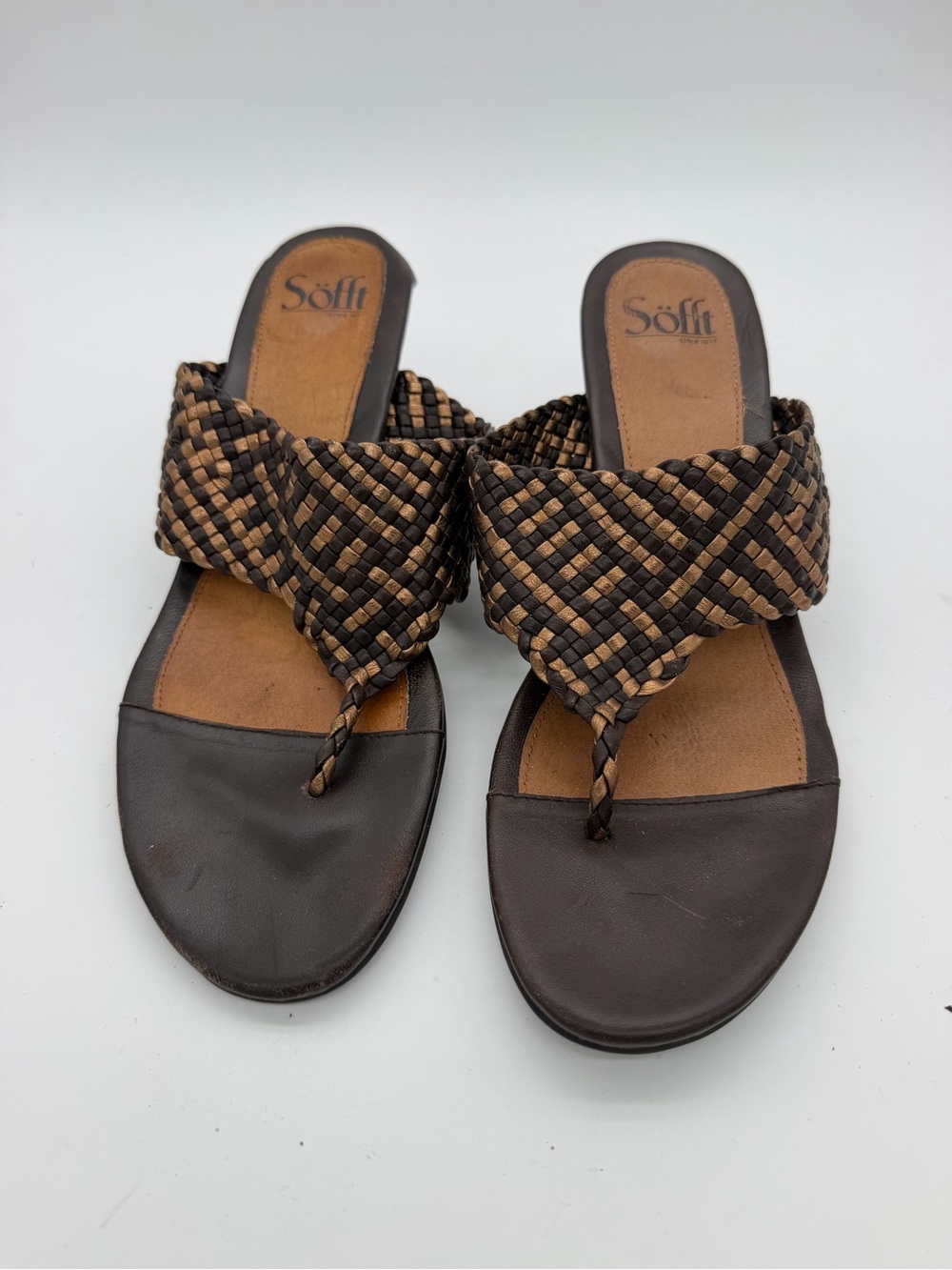 Sofft Brown and Tan Woven Leather Thong Sandals